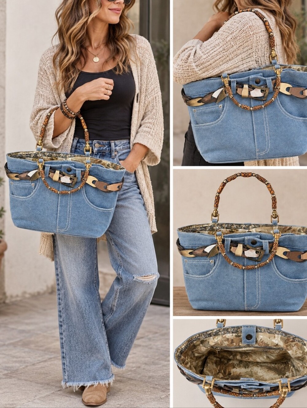 Braciano Denim Jean Handbag Purse Beaded Handles Belt Detail Y2K Boho